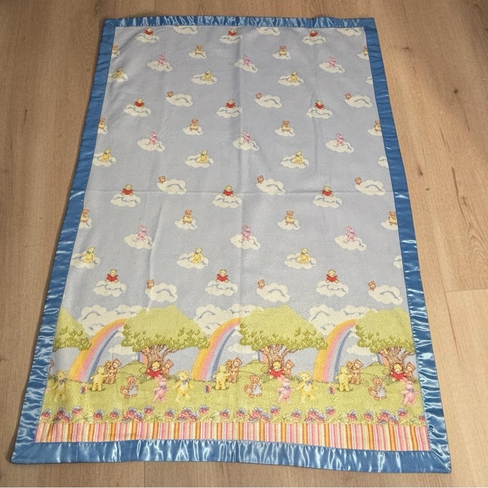 Vintage Rainbow Bear Baby Blanket Quilt Handmade Satin Trim 60x40 Clouds Spring